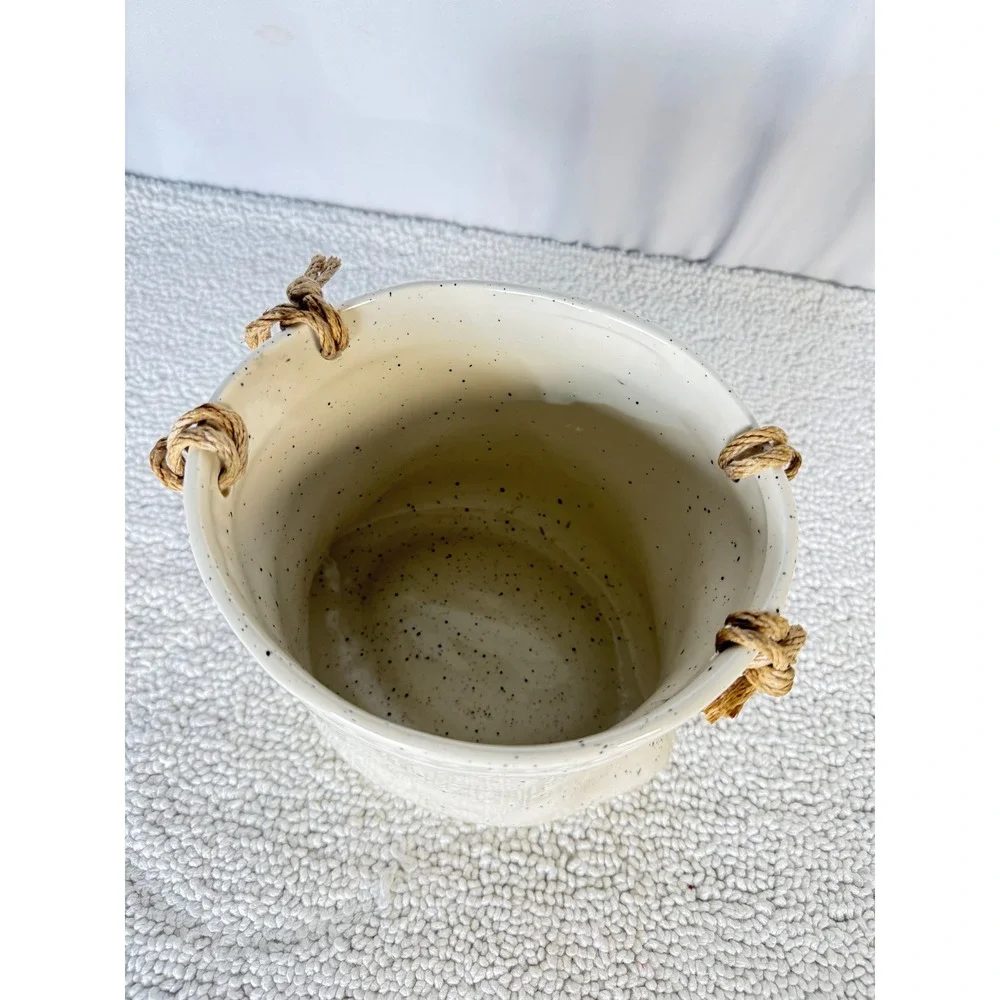 Creative Co Op Speckled Ceramic Planter‎ Pot Rustic Rope Detail Decorative